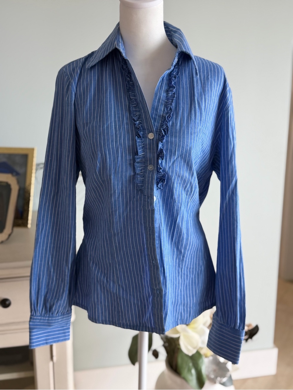 The Limited Blue Pinstripe Ruffle-Front Button Down Shirt medium